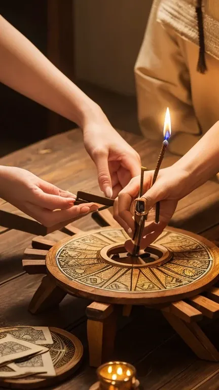  graceful hands flip tarot cards on a simple wooden table  (Wheel of Fortune) on a rustic wooden table,  illuminated candles and crystals are arranged around,  soft golden light illuminates the room ,  details of cards and objects are super realistic , 8K ...