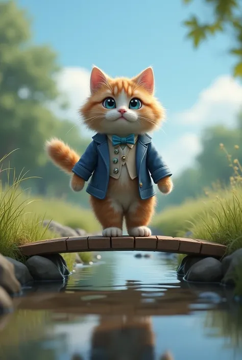 "hyper-realistic anthropomorphic big blue-eyed fluffy big-haired cat, standing and wearing a formal dress,  walking across a small wooden bridge over a calm stream.It seems cheerful.  The water reflects the blue sky and surrounding vegetation ."