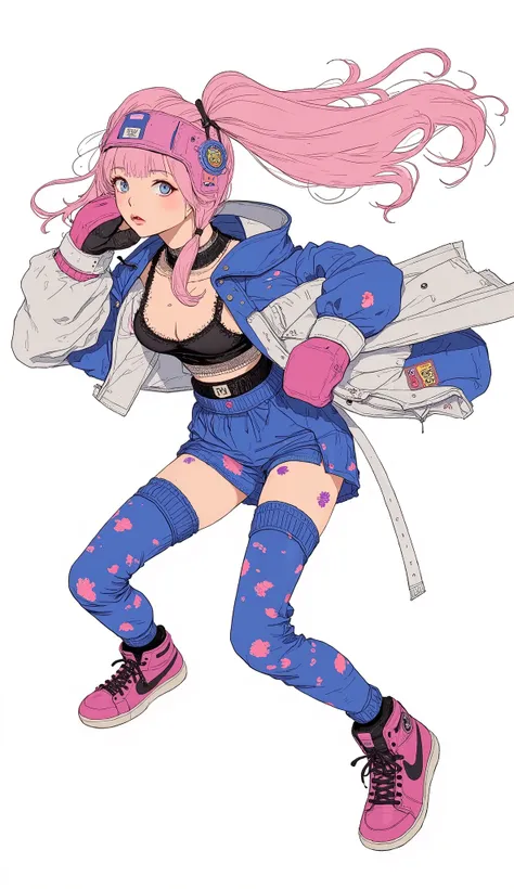  live action、Genuine、 Japanese girl with light pink hair、 Volume Twin Tails 、Blue Mesh、Pale pink lips、Black floral bikini、 moderate bust、Floral blue sweatpants 、 Boxing Gloves 、Nike high top sneakers、Boxing Headgear、 dynamic poses、Assaulting viewers、Upperc...