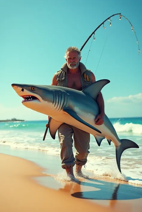 An angler man walks with a large shark facing the camera with a beach backround