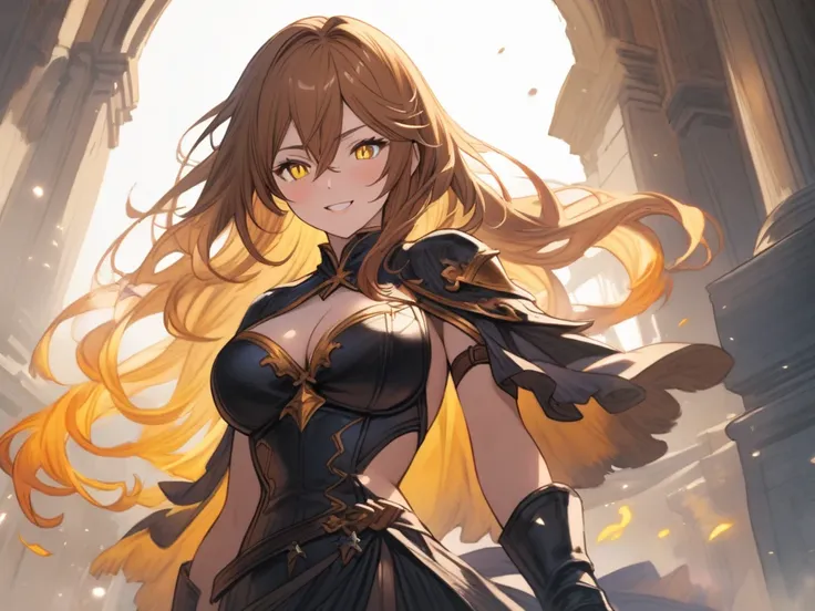 granblue fantasy style, 
1woman, 25 years old, 
yellow eye, slit pupils, cold eyes, fearless smile
orange brown hair, long hair down to the butt, Bangs Between Eyes,
large breasts, 
clothed,(Long dress with naughty black base and yellow accents: 1.2), thig...