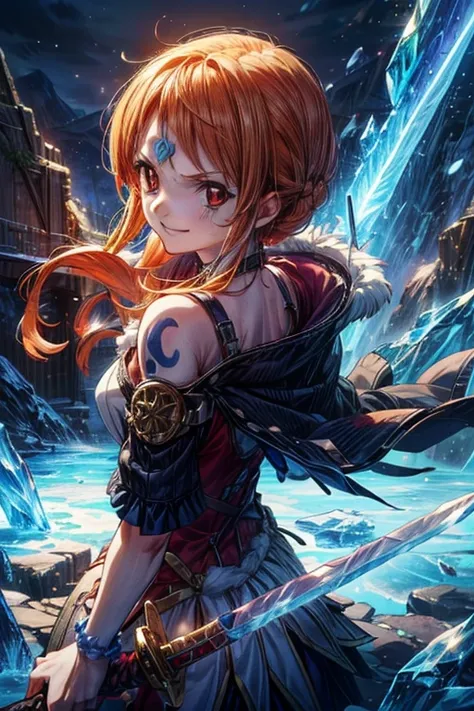 (最高 Masterpiece,  top quality, 4K, 8k,  high resolution, Masterpiece:1.2), Nami in One Piece,smile,( paladin),Left shoulder tattoo,Miracle,Power Spot, fantastic world, White Light Spot,(Highlight the Holy Sword), She's on an adventure to defeat the demon k...