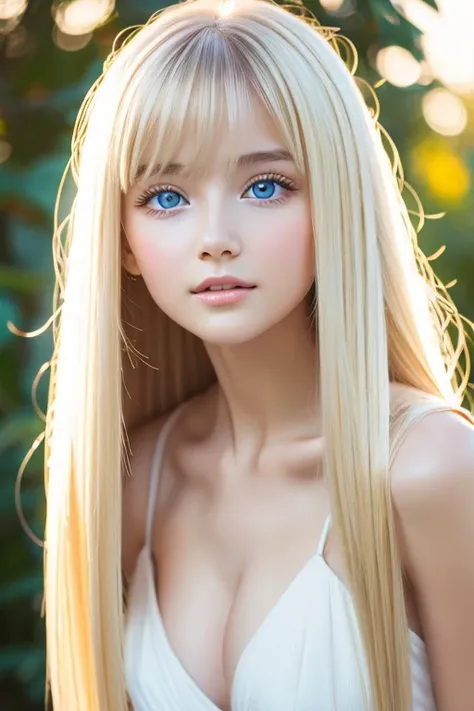  very beautiful white beautiful girl with super long bright blond hair 、 perfect ultimate beautiful, extraordinary beauty 、 very bright baby ice white and blue big eyes that shine so beautifully、, very bright iris with thin pigment 、bangs、目にかかるbangs、眼と眼の間の...