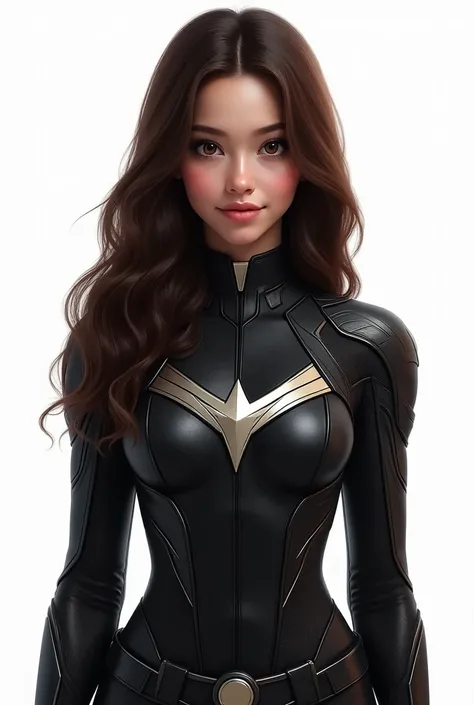 Make me a picture of a girl, dark long straight brown hair, with a little bit of dark red highlights in it, age american girl, make jer suitbhigh tech and black, she has brown eyes, make her a marvel superher, with no makeup, realistic, and make the wallpa...