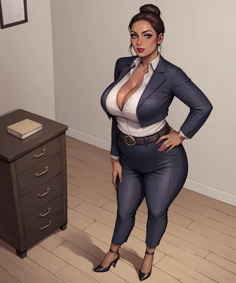 PonyXLV6_Scores BREAK ((parody), perfect anatomy, perfect eyes, cowboy shot), BREAK jane romero, hair bun, brunette hair, blue eyes, lipstick, dark-skinned female, flirting, raised eyebrow, ((looking at viewer)), cleavage, pinstriped blazer, blouse, belt, ...