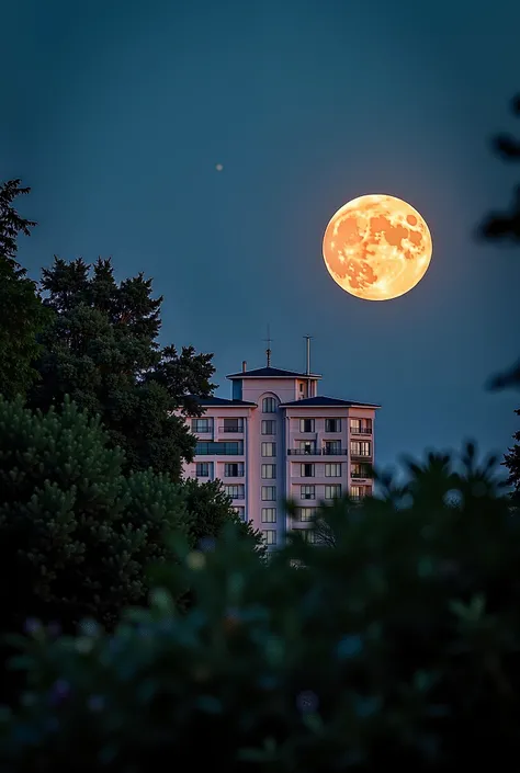 trees and bushes in front of a building with a full moon in the sky, the moon is big an in the city, taken with sigma 2 0 mm f 1. 4, taken with sony alpha 9, big moon on the right, taken with canon eos 5 d mark iv, taken with sony a7r camera, with full moo...