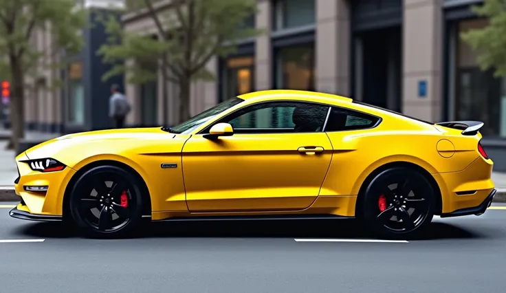 "A 2025 Ford Mustang Mach-E viewed from the side in metallic yellow color. The car's silhouette is streamlined and aerodynamic, showcasing its aggressive stance. The metallic yellow paint gleams in the light, enhancing the sharp lines and curves. Large spo...