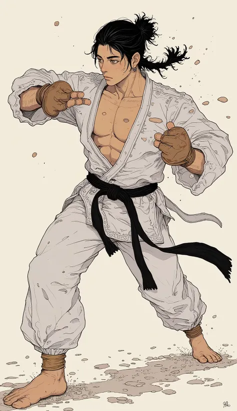 A karateka who has cut his army, Black Belt、 handsome、Fighting Gloves、Fighting Heel Cover 、 dynamic poses、 hits and kicks viewers、 anatomically correct