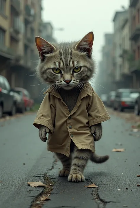 Create a poor cat walk on road with human style and ware shirt 