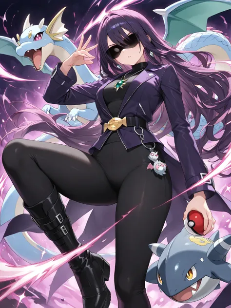 ((masterpiece, best quality, ultra-detailed character)), 1girl, A fierce yet graceful young female Pokémon trainer with long, flowing hair in shades of deep emerald green and silver, reminiscent of dragon scales. She wears a sleek, dark purple jacket with ...