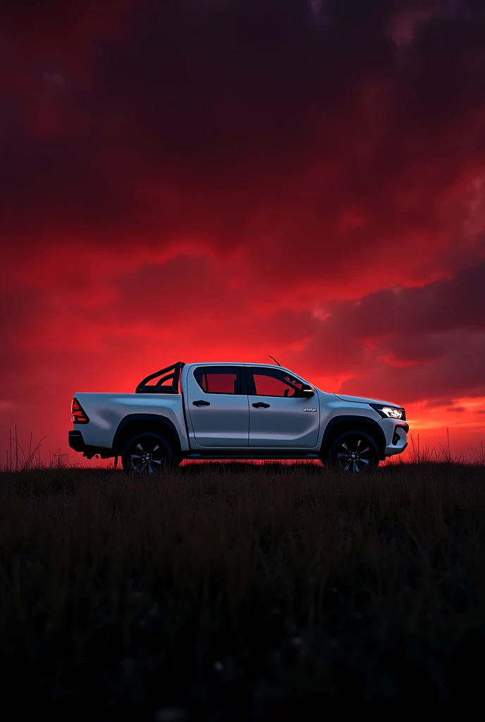 White hilux car in a reddish and dark sky. A night time. there is a grass 