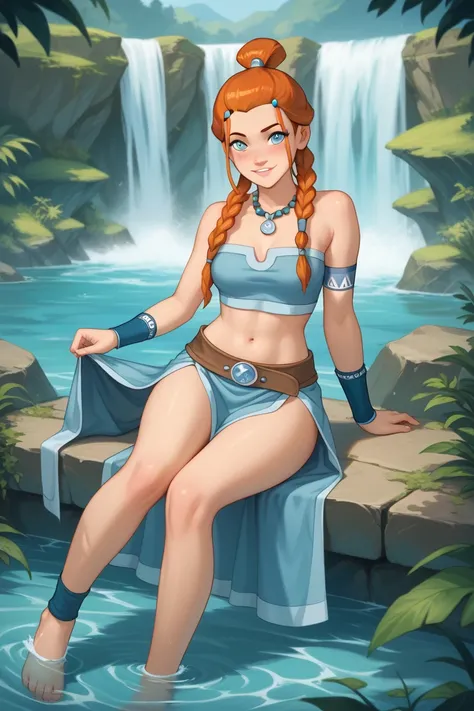 For a Water Tribe-inspired outfit from Avatar: The Last Airbender for Orihime, keeping her navel and bare feet exposed, here’s a fluid, peaceful, and tribal design that embodies the Water Tribe's connection to water, nature, and harmony:

Top:

Cropped, li...