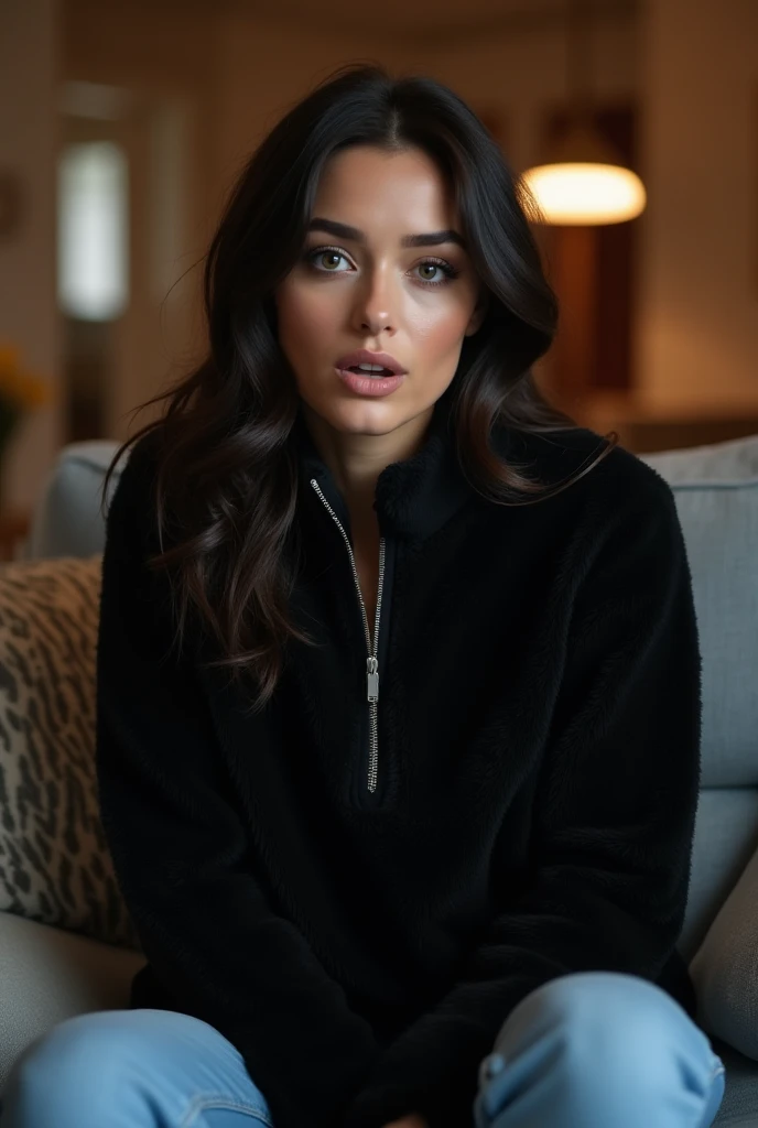 A close up picture of a woman sits on the sofa in the living room, wearing a black cozy, warm pullover with a half-zip design, accented by silver zipper. zipper down,paired with curvy light blue jeans,She has long dark hair styled in loose waves, her dark ...