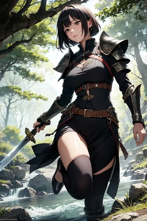 masterpiece, best quality, high resolution, dynamic angles, various angles, Japanese manga style, Japanese anime style, Western medieval fantasy style, Carrying a giant sword 、 jumping across a valley where a river flows under the woods 、 a beautiful girl ...