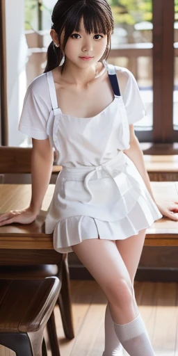 (RAW  photos,   top quality,   table top: 1.2), (  photos: 1.4), whole body,     cute Japanese face  , (()), (((  small: 1.6)) Chest,), (  apron:1.2, open side:1.5, （  Short Skirt :1.8,  Miniskirt 1.8）,  thin legs,  white socks,   school loafers  ),     St...