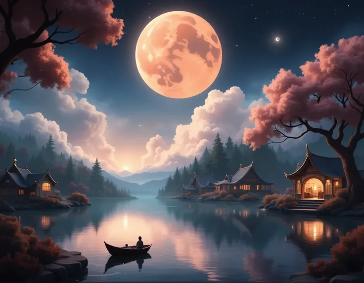 A massive crescent moon enveloped in swirling clouds serves as the natural frame for a picturesque lakeside view under the night sky, rendered as a Pixar 3D style artwork; the glassy lake perfectly mirrors the luminous full moon, creating a magical, dreaml...