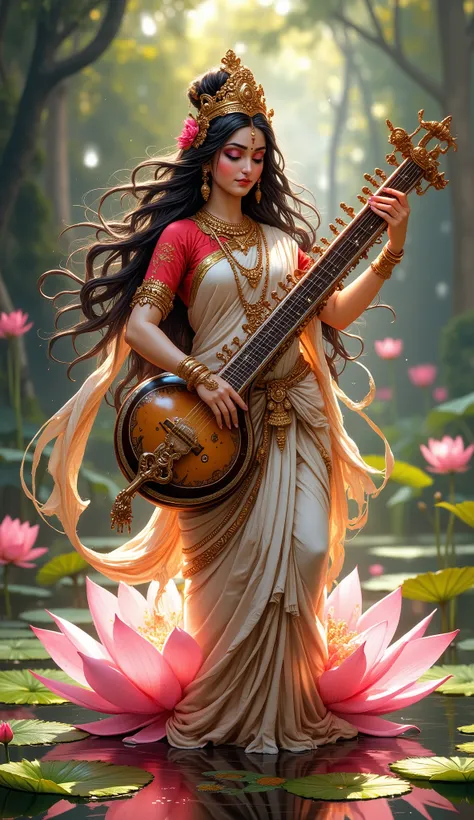 (Hyper detailed, extremely detailed, highest resolution, highest mega pixel, perfect photography, cinematic shot, perfect lighting, perfect pose, beautiful woman as goddess saraswati, portrait of Goddess Saraswati ((((light cream-pinkish saree red blouse, ...
