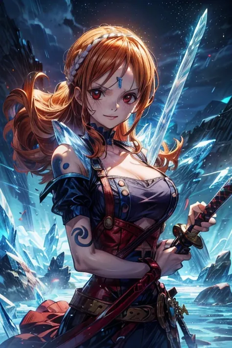 (最高 Masterpiece,  top quality, 4K, 8k,  high resolution, Masterpiece:1.2), Nami in One Piece,smile, big breasts,( paladin),Tattoo on left shoulder,Miracle,Power Spot, fantastic world, White Light Spot,(Highlight the Holy Sword), She's on an adventure to de...