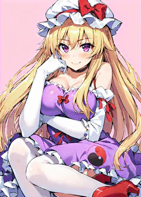 1girl,yakumo yukari,touhou,blonde hair,blush,bow,breasts,cleavage,dress,gap \(touhou\),gloves,hair bow,hat,hat ribbon,large breasts,long hair,long sleeves,looking at viewer,mob cap,purple eyes,ribbon,short hair,smile,solo,very long hair,shoes,pantyshot,whi...