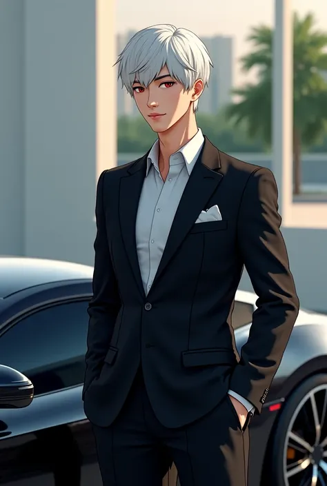 Anime, a handsome man, male, Chinese, 29 years old, with short white hair, back style, wearing a formal suit, with a calm and nice personality, red eyes, standing next to a great car 