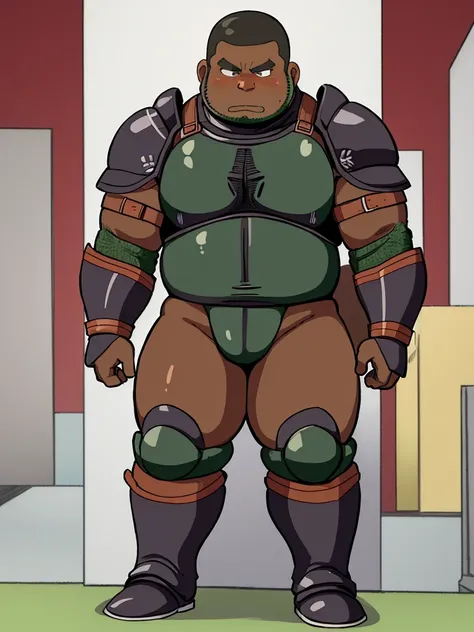 Cartoon network style , (masterpiece, best quality:1.2), 1man, solo, Chubby, Papa, Chubby , Dark-Tan skin , crew cut , ashamed face , Black armor , shoulder armor, breastplate, closed mouth, pauldrons , standing , boots , full body