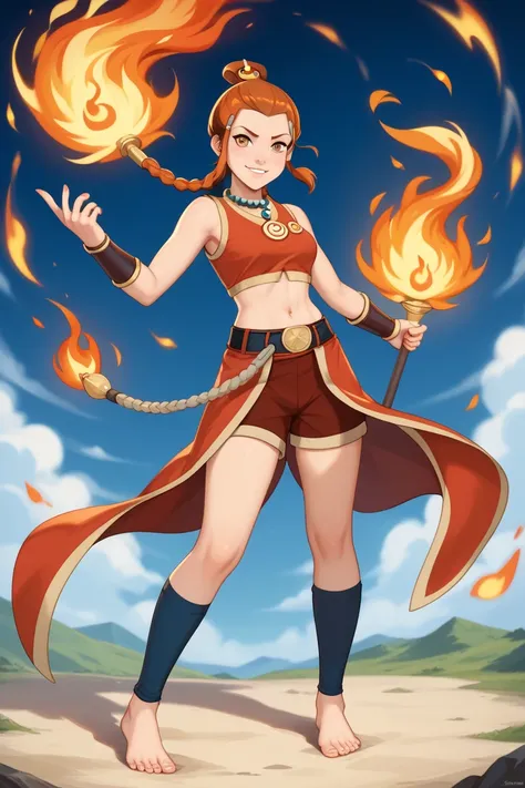 For a Fire Tribe-inspired outfit from Avatar: The Last Airbender for Orihime, keeping her navel and bare feet exposed, here’s a fiery, bold, and warrior-like design that embodies the Fire Tribe's fierce and passionate energy:

Top:

Cropped red and gold tu...