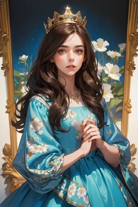 ( masterpiece,  high quality), 1 ,  alone, (queen:1.15),   brown hair,   long hair,  cortina , blue floral dress, queen&#39;s Dress , aurora, (sunlight, null, Rio,  forest),  inexpressive,  red eyes, ( Art Nouveau :1.2), Alphonse Mucha, tiara, ( focus on t...