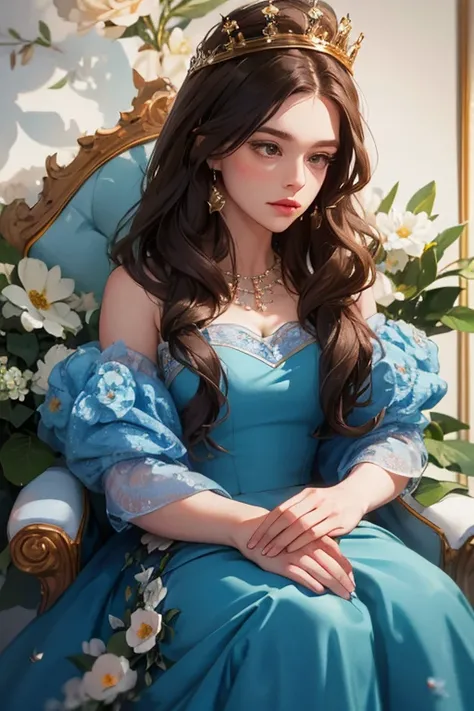 ( masterpiece,  high quality), 1 ,  alone, (queen:1.15),   brown hair,   long hair,  cortina , blue floral dress, queen&#39;s Dress , aurora, (sunlight, null, Rio,  forest),  inexpressive,  red eyes, ( Art Nouveau :1.2), Alphonse Mucha, tiara, ( focus on t...