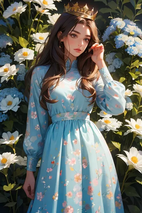 ( masterpiece,  high quality), 1 ,  alone, (queen:1.15),   brown hair,   long hair,  cortina , blue floral dress, queen&#39;s Dress , aurora, (sunlight, null, Rio,  forest),  inexpressive,  red eyes, ( Art Nouveau :1.2), Alphonse Mucha, tiara, ( focus on t...