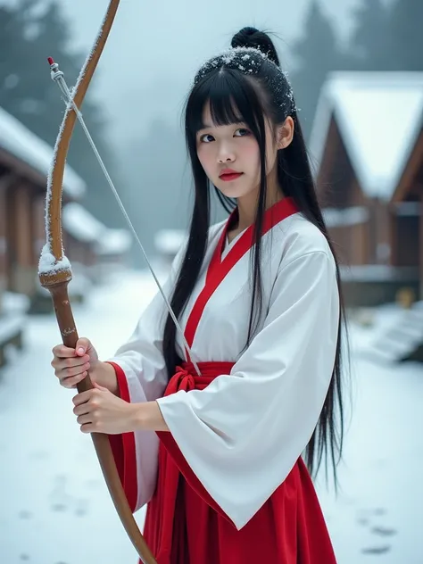 Close up photograph capturing a Korean woman cosplaying as Kagome Higurashi from "Inuyasha." She is wearing Kagome's traditional priestess outfit, which consists of a white haori (jacket) and a red hakama (pants). The woman is holding a bow, adding a sense...