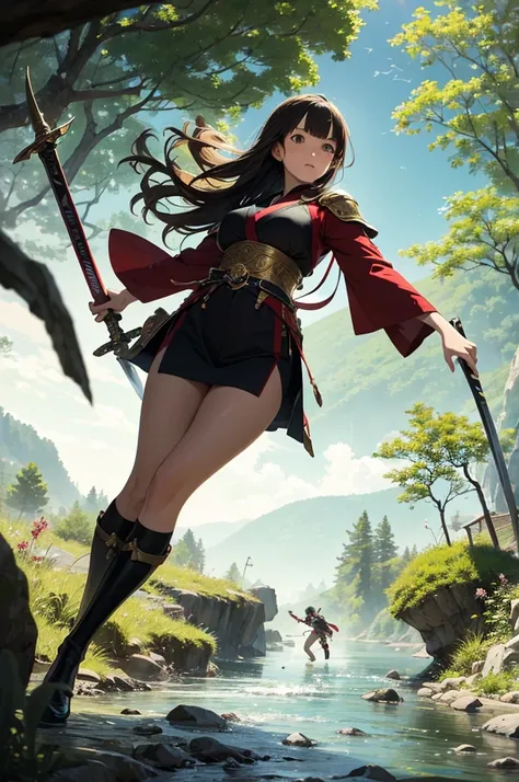 masterpiece, best quality, high resolution, dynamic angles, various angles, Japanese manga style, Japanese anime style, Western medieval fantasy style,  A beautiful girl in old but well-maintained red and gold-themed armor。The girl is carrying a huge sword...