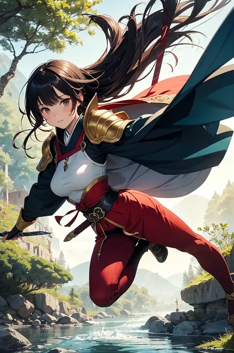 masterpiece, best quality, high resolution, dynamic angles, various angles, Japanese manga style, Japanese anime style, Western medieval fantasy style,  A beautiful girl in old but well-maintained red and gold-themed armor。The girl is carrying a huge sword...