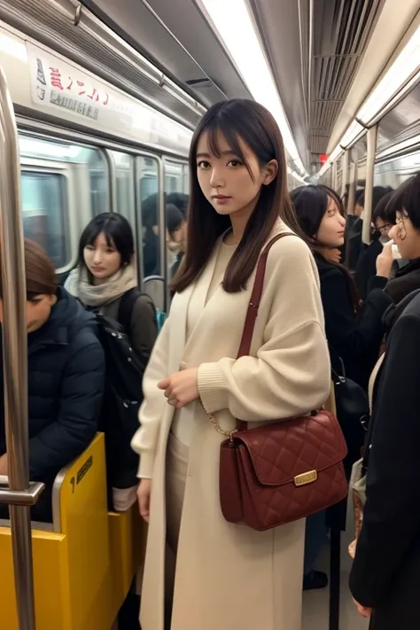 Hashimoto Kannani's beautiful girl standing in a crowded train in Japan、The man right behind