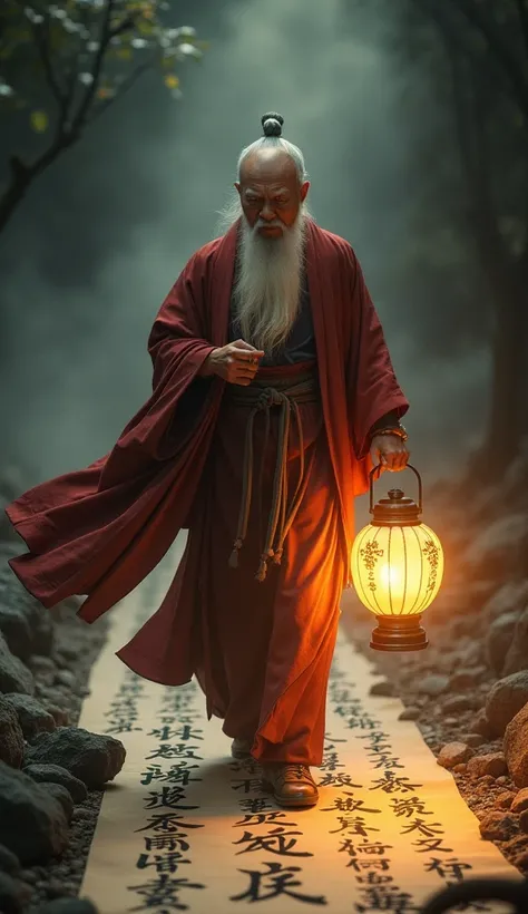 
“A wise sage dressed in traditional Chinese robes, holding a glowing lantern, walking through darkness with grace and wisdom. The sage steps forward on an ancient scroll filled with intricate Chinese calligraphy, each step illuminating the characters bene...