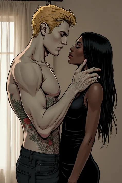 couple , Tall blond haired man ,  blue eyes,  pale white skin   , tattooed body ,  he was shirtless  , His body was strong and he has his hand on his woman's face and is looking at a short black woman with long straight black hair,  She was wearing a black...