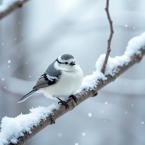 score_9, score_8_upside, score_7_upside, score_6_upside, score_5_upside, score_4_upside, Source_Actual photo, An albino long-tailed tit perched on a snow-covered tree branch; a small bird found in Hokkaido called the Japanese long-tailed tit; with round bl...