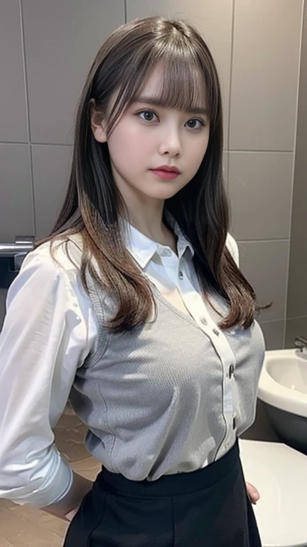 (( OL)), (( standing,  low angle, pompous attitude )), (((  gray vest,   white shirt ,   black skirt with shirt )))、((( long brown hair:1.2, bangs:1.2)))、(((  dark eyeliner ))),((standing with hands on hip)),  (((Round face,  thin legs)))、(((  expressionle...