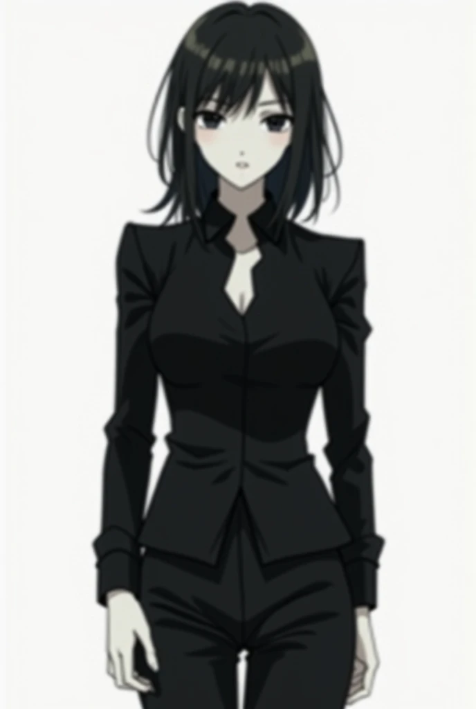 robo character anime style anime female thin black hair medium black eyes white skin black shirt with man suit standing looking forward black nails full body for YouTube profile