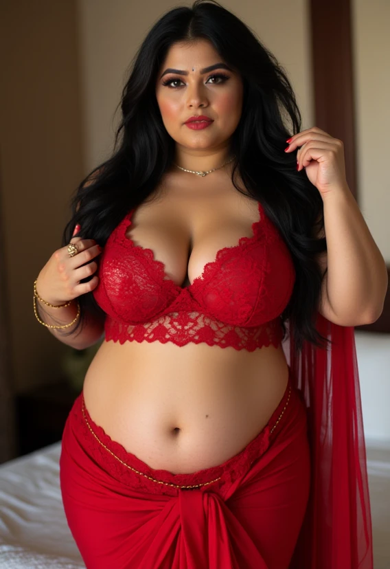 Busty woman, wearing red lace blouse and red saree, exposing curvy midriff and navel,wearing thin gold waist chain,long black hair,combing her hair,black thick eyelashes and eyeliners,curvy and thick body, inside bedroom 