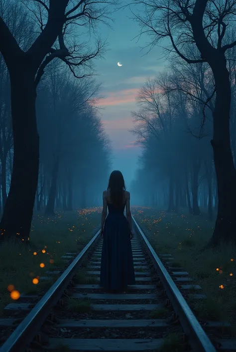 Create an image of a person standing on an abandoned, overgrown railway track at twilight. The person appears lost in thought, with a look of sadness and longing on their face. Their attire is elegant but slightly disheveled, hinting at their emotional jou...