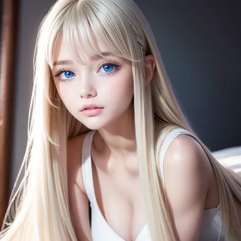  very beautiful white beautiful girl with super long bright blond hair 、 perfect ultimate beautiful, extraordinary beauty 、 very bright baby ice white and blue big eyes that shine so beautifully、, very bright iris with thin pigment 、bangs、目にかかるbangs、眼と眼の間の...