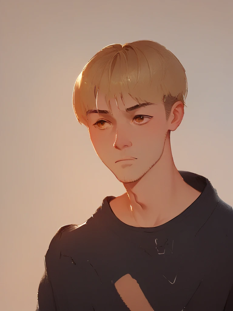 1 guy, blond,  dressed in a sweater T-shirt and a jacket that slides off the shoulders on top, amber-brown eyes ,  in manhwa style and fantastic 