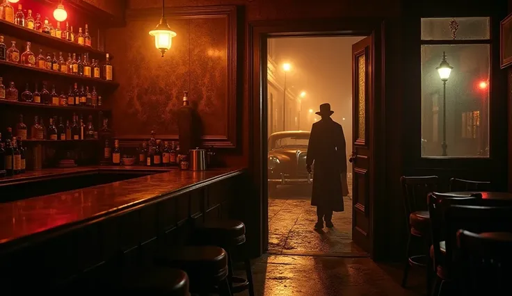  The camera starts with a soft traveling dolly-in ,  sliding through the entrance of an old and mysterious bar ,  illuminated by amber and red lights .  Shelves filled with bottles shine under warm lighting ,  reflecting a golden glow .  The air seems full...