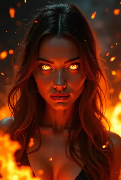 A captivating and alluring woman with striking, fiery eyes that glow with vibrant flames, exuding confidence and power. Her gaze is intense and mesmerizing, with long, flowing hair that cascades down her shoulders, catching the warm light of the flames. Sh...