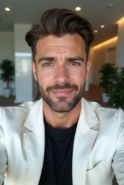 (photorealism:1.2), A guy wearing white blazer, black t-shirt. Fair skin, gym big body. Trim the hair on both sides of the head. Wavy hair in middle. Designer stubble. Handsome look. Taking a selfie in office.