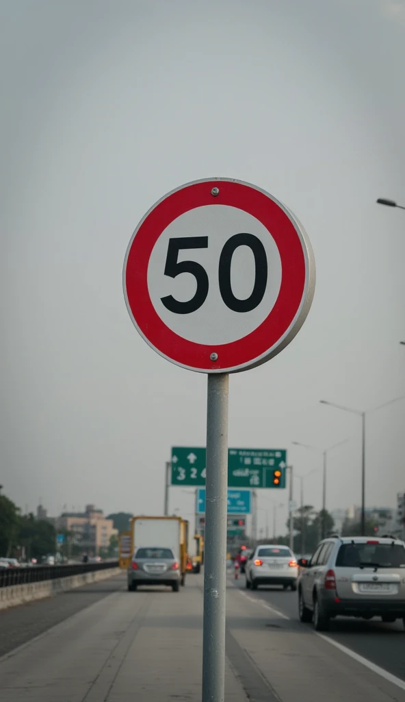 A round sign stands on a stick、50 is written in a red circle、There is a road with a lot of traffic on the side