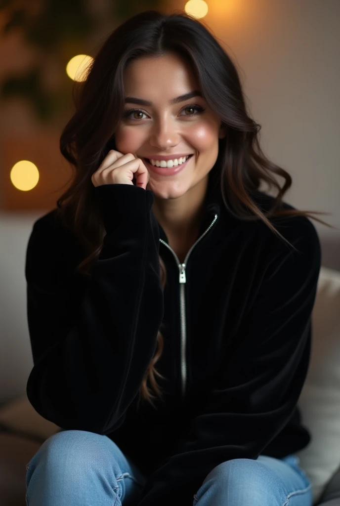 A close up picture of a woman sits on the sofa in the living room, wearing a black cozy, warm pullover with a half-zip design, accented by silver zipper. zipper down,paired with curvy light blue jeans,She has long dark hair styled in loose waves, her dark ...