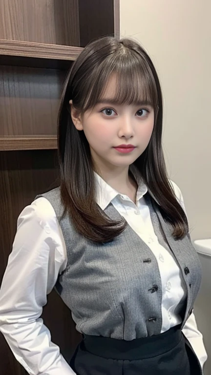 (( OL)), (( standing, hands behind back)), (((  gray vest,   white shirt ,   black skirt with shirt )))、((( long brown hair:1.2, bangs:1.2)))、(((  dark eyeliner ))),((standing with hands on hip)),  (((Round face,  thin legs)))、(((  expressionless , scornfu...