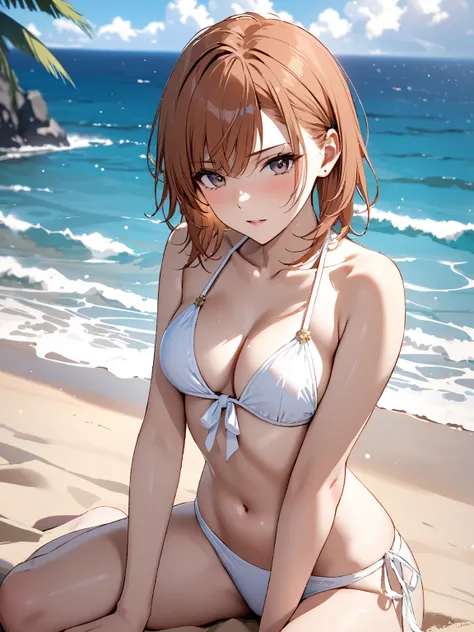  sandy beach, White bikini swimsuit, Beauty, Alluring, Obscene, ( Misaka Mikoto), masterpiece:1.5, masterpiece, highest quality, UHD, retina, masterpiece, accurate anatomy, super detailed, high quality, best quality, 8k