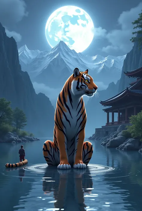 Naruto kurama 7-tailed tiger looking out of a river at night in the middle of the mountains with a full moon and an abbey behind his back a boy behind his back